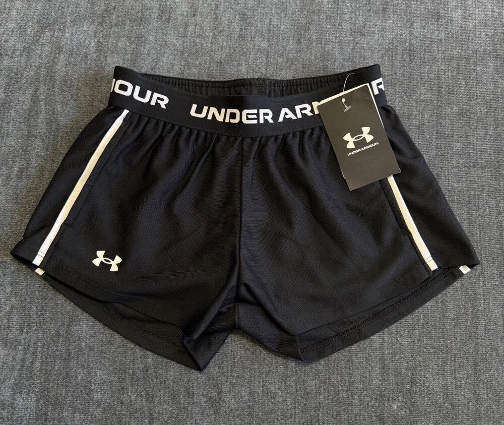 NWT Under Armour Tech Play Up Shorts Girls Small Black Drawstring 100% Polyester